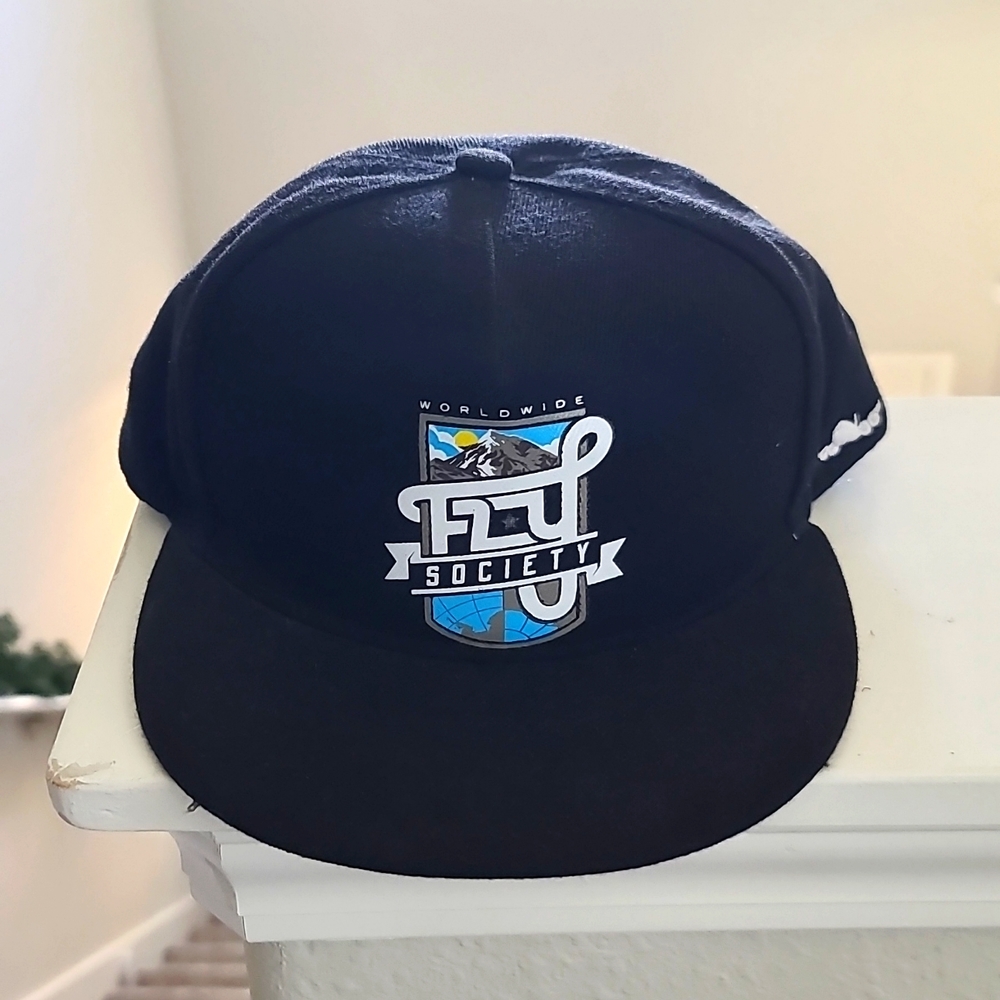 FLY SOCIETY, black snap back hat, ready to wear.
